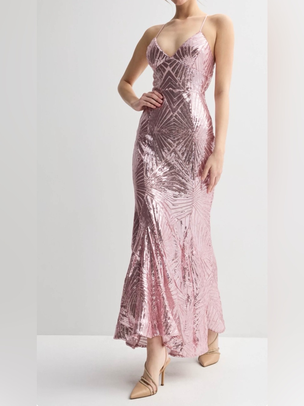 Rose Pink Sequin Spaghetti-Strap Prom Gown